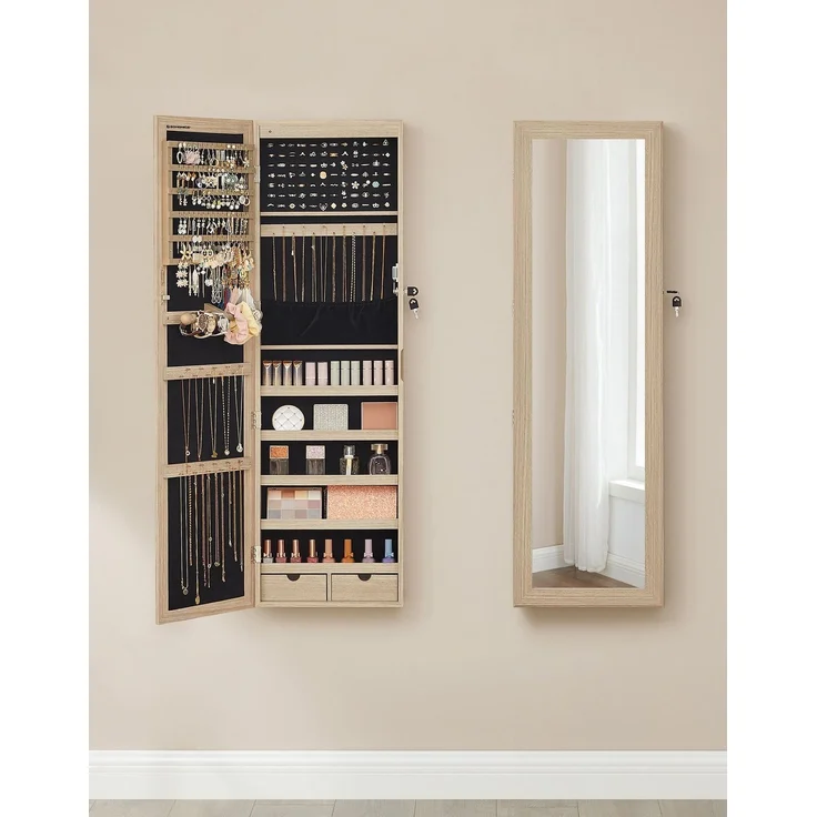 Songmics Schmuckschrank hängend, abschließbarer Spiegelschrank, Wandschrank mit Spiegel und zahlreichen Fächern, Wandmontage, an der Tür hängend, für Ketten, Ohrringe, eichefarben – Bild 1