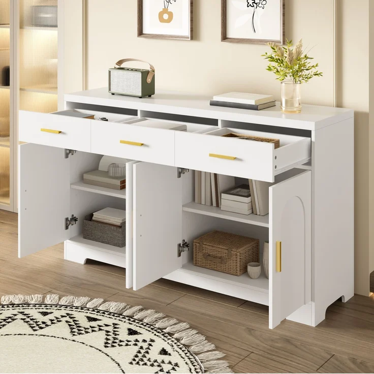 DESVIAE Sideboard Weiß aus MDF – 140x83x40 cm – 3 Schubladen, 4 Türen – Bild 3