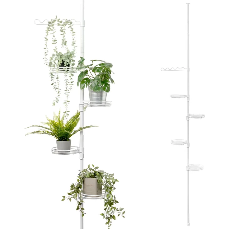 Teleskop-Blumenregal mit 4 Ablagen und Rankelhilfe, Blumentreppe höhenverstellbar von 140 bis 290 cm, weiß – Bild 1