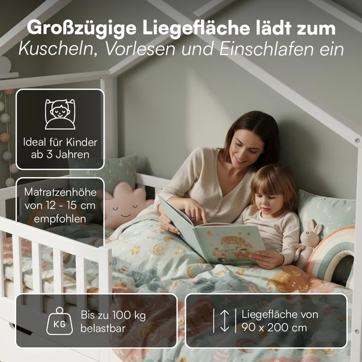 Bellabino 'Bia' Hausbett 90x200 cm mit 2 Schubladen, weiß, Kiefer Massivholz, Montessori Kinderbett mit Stauraum, inkl. Rausfallschutz und Lattenrost – Bild 4
