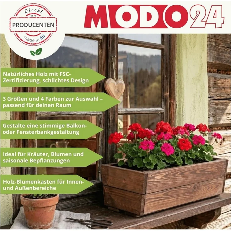 Modo24 Blumenkasten Pflanzkasten aus Holz, Pflanzkübel für Kräuter, Kiefernholz (rechteckiger, für Balkon und Fensterbank), Wetterfest, Stabil & Dekorativ, 3 Größen, 4 Farben – Bild 3