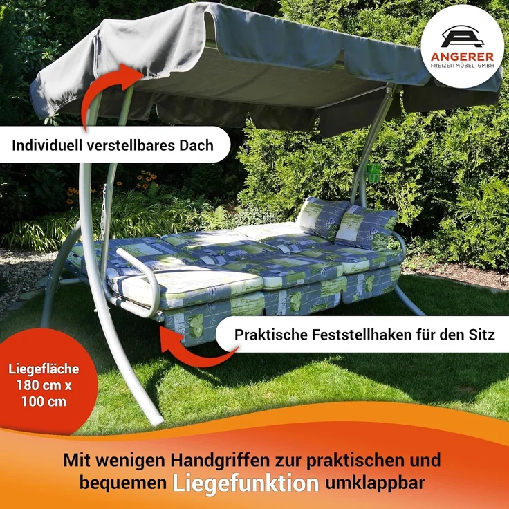 Angerer Freizeitmöbel GmbH Hollywoodschaukel Comfort - Gartenschaukel Made in Germany - Schaukel zum Sitzen, Liegen und Entspannen - mit Bett-Funktion - einfache Montage (Rot-Orange-Grün gestreift) – Bild 4
