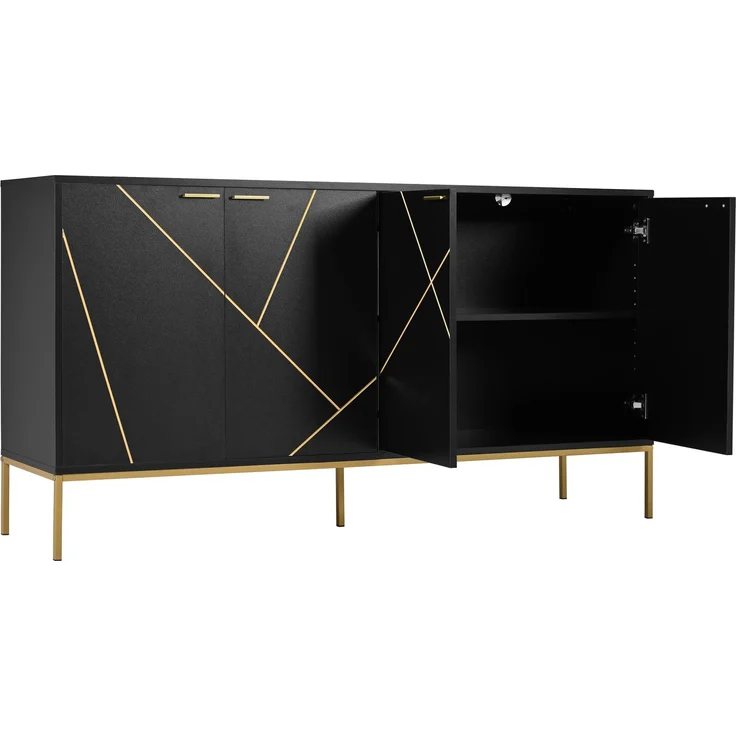 Merax Sideboard mit vier Türen, Metallfüßen, TV-Schrank, Kleiderschrank, geradliniges Design mit Metalllinien-Dekor, Schwarz+Golden – Bild 8