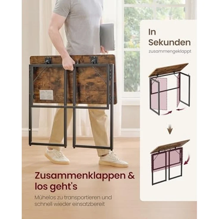 VASAGLE Klapptisch, Kleiner Schreibtisch klappbar, Computertisch, Tischplatte aus einem Stück, abgerundete Ecken, Tisch für Homeoffice, Schlafzimmer, 80x40 cm, vintagebraun LWD151KD01 – Bild 5