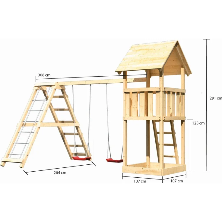 Karibu Kinderspielturm Lotti Satteldach mit Gerüst / Doppelschaukel naturbelassen 1,07 x 1,07 x 2,91 m – Bild 7