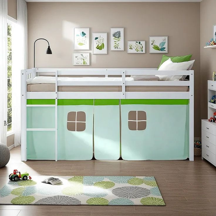 Hochbett Kinder 90x200 cm Kinderbett Kinderhochbett Stockbett Vorhang Grün Leiter Holz Massiv – Bild 7