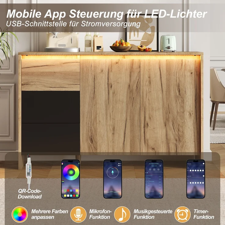 Merax Sideboard, Küchenschrank, Kommode mit 3 Schubladen und 2 Türen, Mehrfarbige LED-Lichteffekte, Buffetschrank für Wohnzimmer, Esszimmer, Holzfarbe&Schwarz – Bild 7