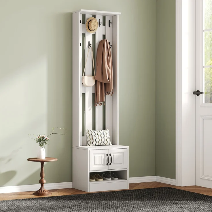Schuhschrank mit Sitzfläche und Stauraum, multifunktionaler Schrank, Kleiderschrank Garderobenschrank Dielenschrank mit Türen und schwarzem Griff – Bild 4