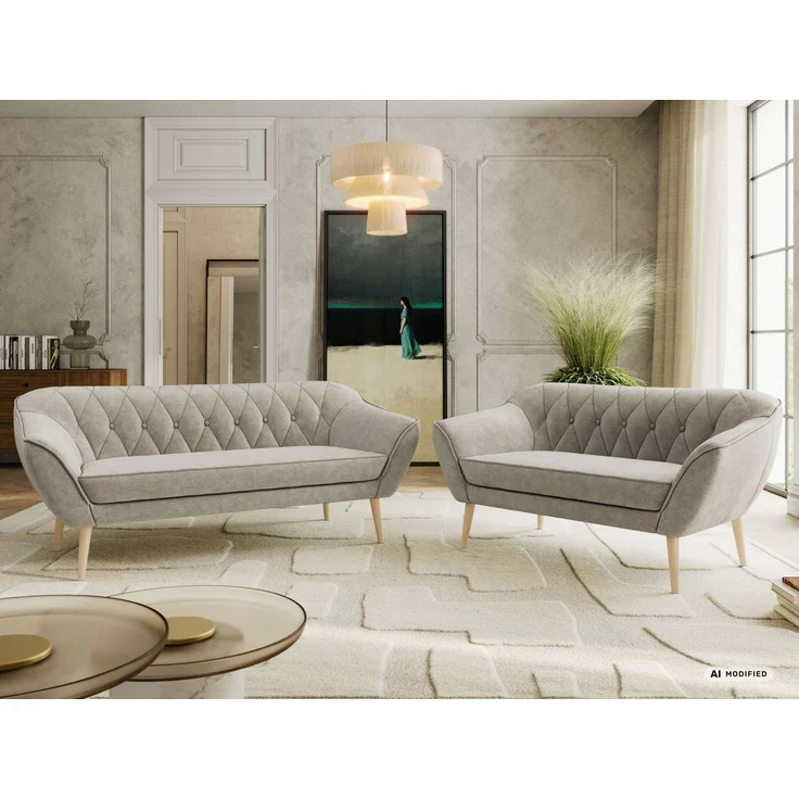 Skandinavisches Sofa Set PIRS 3-2, Komplettset, Wellenfederung, Buche Füße, Sitzgruppe, Polstermöbel Set - Beige Stukture – Bild 4