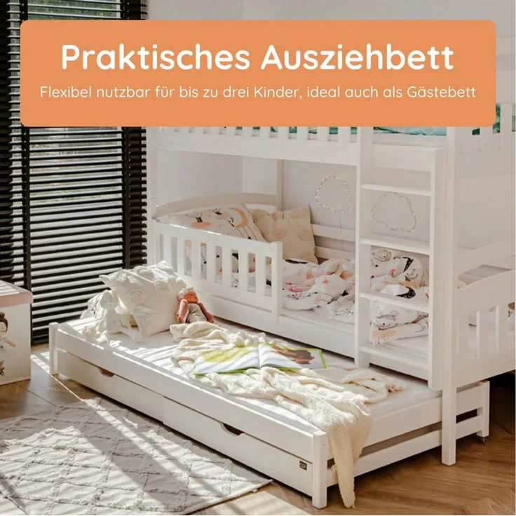 Kids Collective Hochbett mit Ausziehbett, zwei Schubladen, Lattenrost & Rausfallschutz, umbaubar in drei Einzelbetten, Kieferholz weiß, 90x200 cm – Bild 4