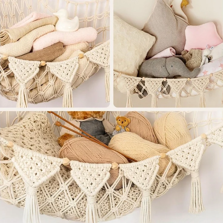 FOUORTUNATE-BEE Hängekorb Hängende Spielzeugaufbewahrung Netz für Kuscheltiere im Kinderzimmer, Boho Spielzeugnetz für Kuscheltiere, Ecken, Wände und Türen – Bild 4