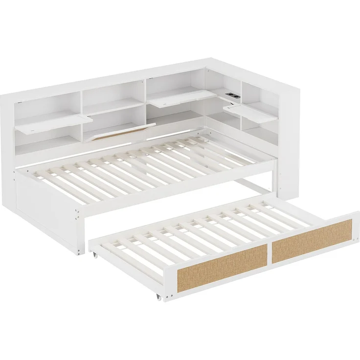 Multifunktionales Massivholz-Schlafsofa mit Ausziehbett 90x200 cm, Stauraum & USB-Anschlüssen, Gäste- & Tagesbett, Weiß – Bild 10