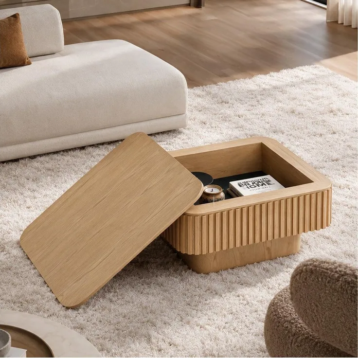 Celya Couchtisch Quadratischer Cocktailtisch mit verstecktem Stauraum (aus furniertem Massivholz, einfache Montage in 5 Minuten)