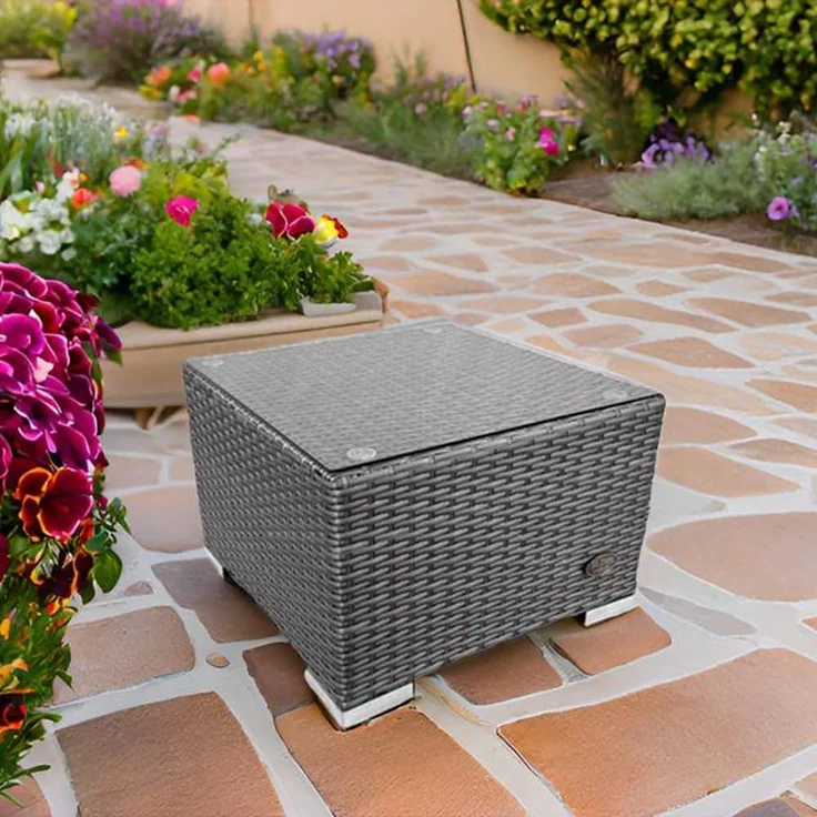 RS Trade® 'Toscana' Polyrattan Beistelltisch mit verstärktem Alu-Gerüst und Temperglas Tischplatte, mit Spannbändern und höhenverstellbaren Standfüßen, grau – Bild 2