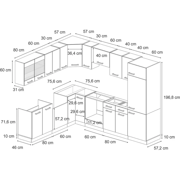 Eckküche R-Line Schwarz Hochglanz/Anthrazit 287 x 46 cm ohne Arbeitsplatte Vicco – Bild 3
