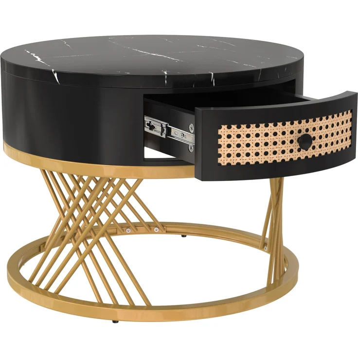 2-in-1 Couchtisch-Set rund mit Marmorplatte & Rattan-Schublade in Schwarz/Gold - 70x70x45,5 + 50x50x38,5 cm – Bild 7