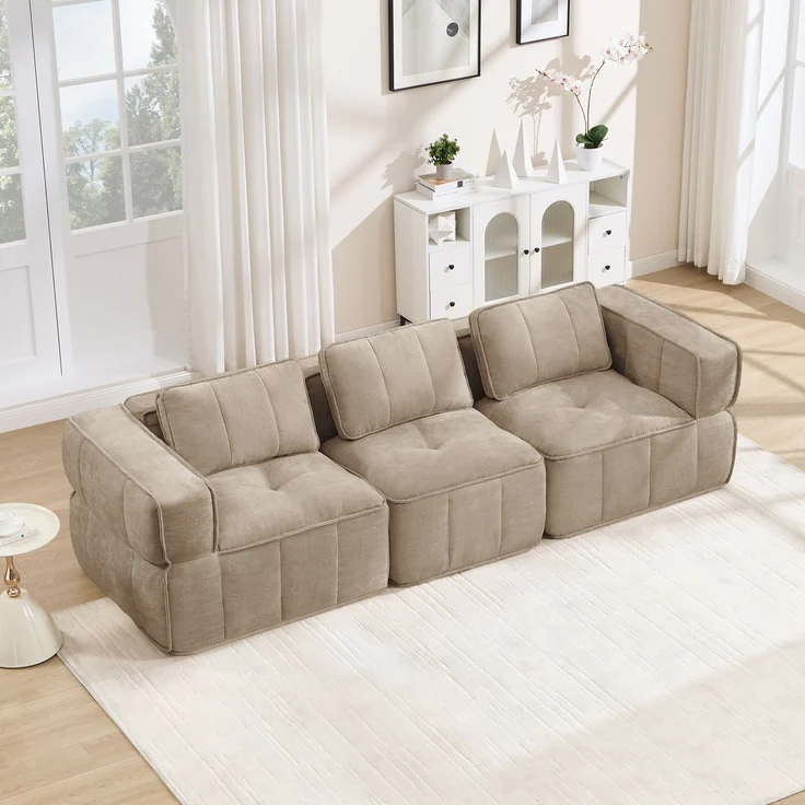 EINHOM Modulares 3-Sitzer-Sofa, stützenloses Design, 32D-Schaumstoff hoher Dichte, bequemer Stoff, geeignet für das Wohnzimmer, rutschfestes Design, keine Montage erforderlich, Sand – Bild 3