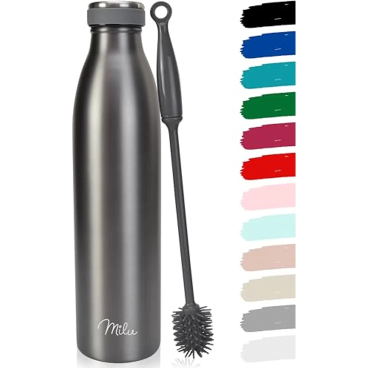 Milu Edelstahl Trinkflasche 350ml, 500ml, 750ml, 1L, 1.5L Thermosflasche, Isolierte Wasserflasche, Auslaufsichere Isolierflasche doppelwandig, Kohlensäure geeignet + Reinigungsbürste (Grau, 1.5L) – Bild 1