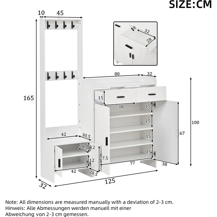 Faumrta Garderoben- und Schuhschrank-Set für den Eingangsbereich mit 2 Schubladen, 2 Schranktüren, 6 Ablagen und 8 Haken. Ideal für Flur und Eingangsbereich. Farbe: Weiß,125*36*165CM125CM*32CM*165CMWeißMDF (Medium-Density-Faserplatte) – Bild 4