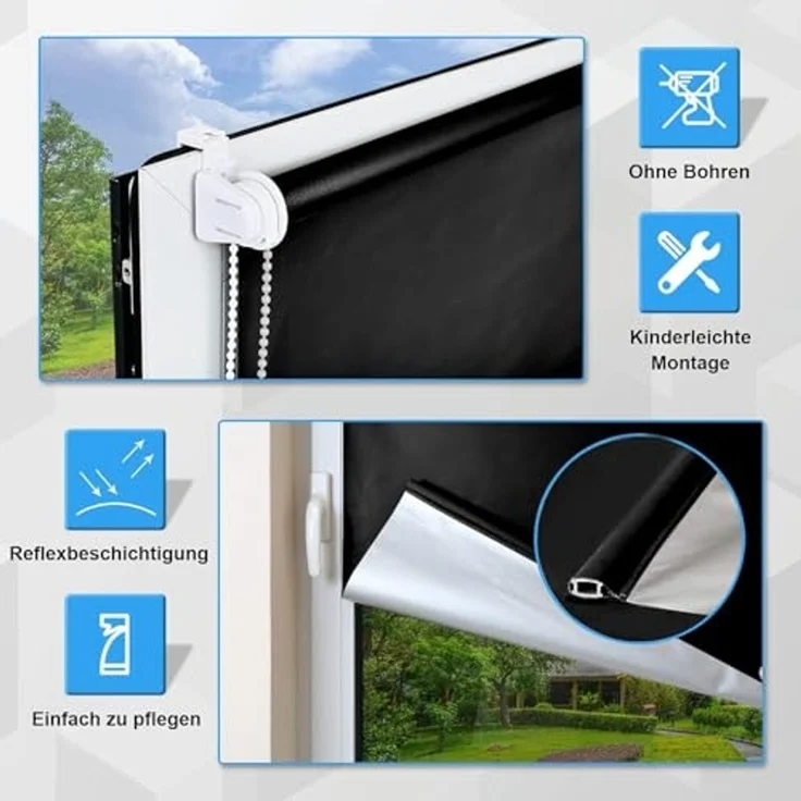 Verdunklungsrollo Thermo Rollos Klemmfix ohne Bohren 85x160 cm Schwarz Verdunklungsrollo Lichtundurchlässig Fensterrollo Sicht-und Sonnenschutz Wand-und Deckenmontag Rollo für Fenster und Tür – Bild 3