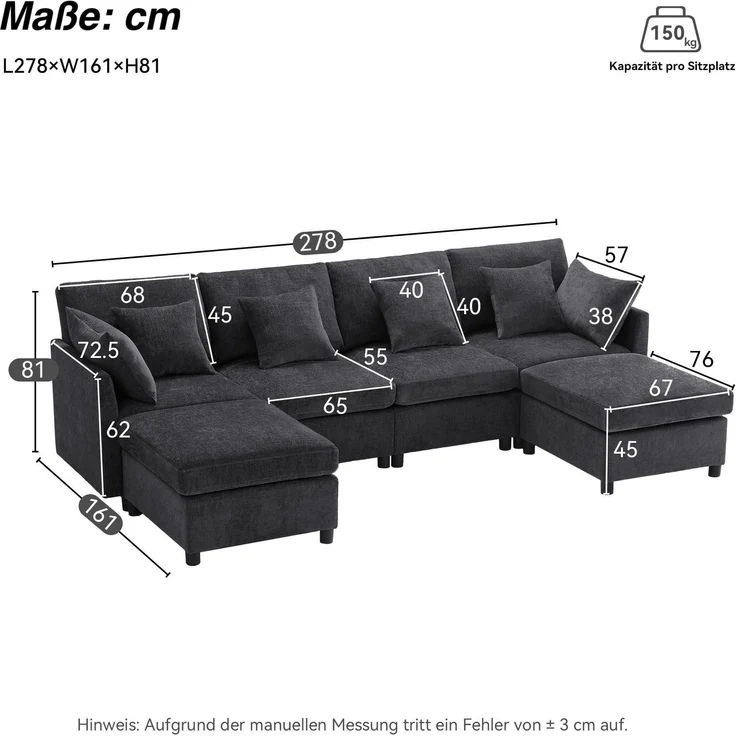 Big-Sofa mit Rückenkissen, Zierkissen und loser Kissen, 6-Sitzer Sofa, L-Form, U‑Form, Chenille Bezug – Bild 5