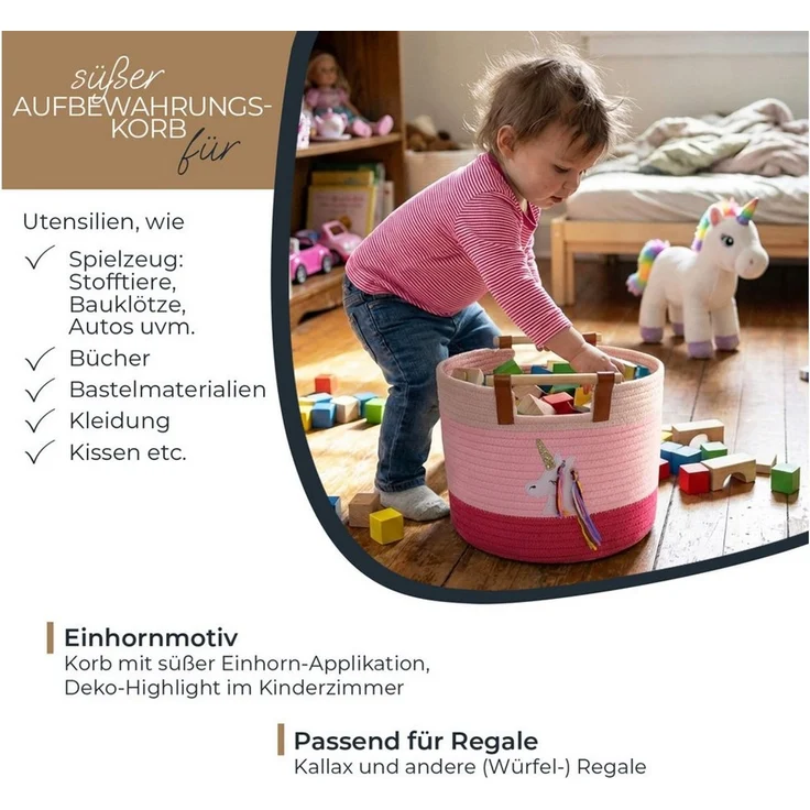 HMF Aufbewahrungskorb Aufbewahrungskorb mit Holzgriffen, runder Korb, Baumwolle für Kinderzimmer oder Babyzimmer, Einhorn, 30 x 30 x 24 cm – Bild 3