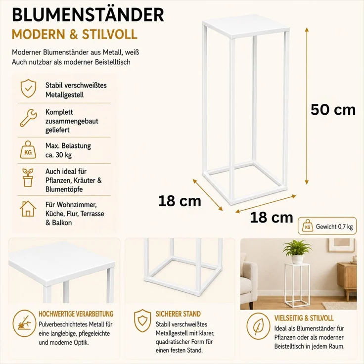 DanDiBo Blumenhocker eckig, Metall, Weiß, 1 Stück, 50 x 18 x 18 cm – Bild 2