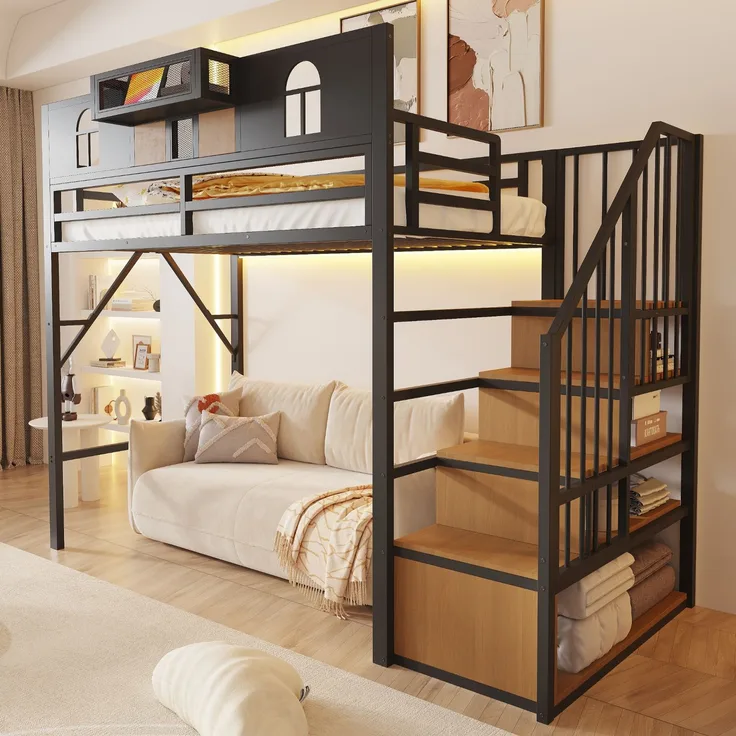 EINHOM Metall-Hochbett 90 x 200 cm, mit Stauraumleiter, Fenster, Holzplatten und Netzgewebe, Einzigartige Erhöhte Umzäunung, Ablagefläche am Bett, Stabiler Metallrahmen, Schwarz (Ohne Matratze)
