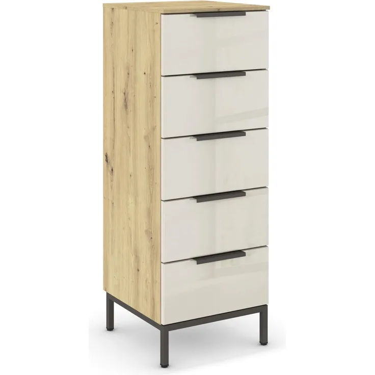 Rauch Möbel Flipp, Nachttisch für Schlafzimmer, Flur, Garderobe, 5 Schubladen, mit Softclose Funktion, Griffe und Metallkufe Graphit, Farbe Eiche Artisan, Holz/Glas Beige, Breite 40 cm