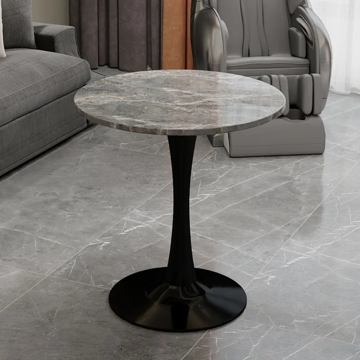Novelux Runder Esstisch 70 cm – Couchtisch Schwarz Marmoroptik, Mid-Century Modern Tisch für 2-4 Personen, Dunkelgraue Maserung