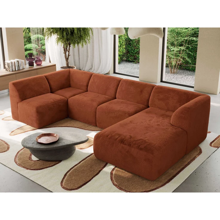 Modulares XXL-Ecksofa MODARO 5M, U-Form, Wohnlandschaft, 5-teilig, freistehend, Wohnzimmer Couch, HR-Schaumstoff - Orange Plüsch - Rechts – Bild 4