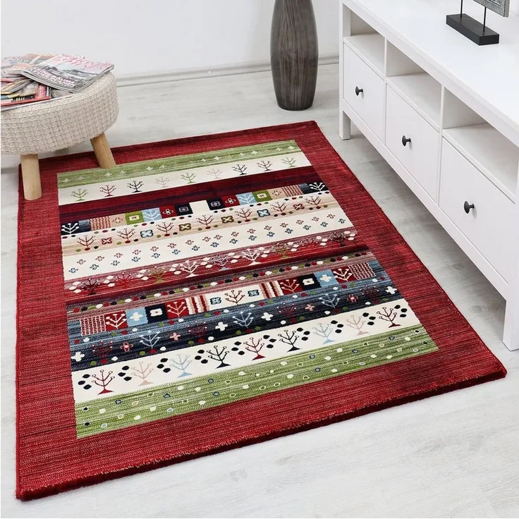 Vimoda Teppich Gabbeh Stil Optik Bunt Meliert mit Bordüre, Rechteckig