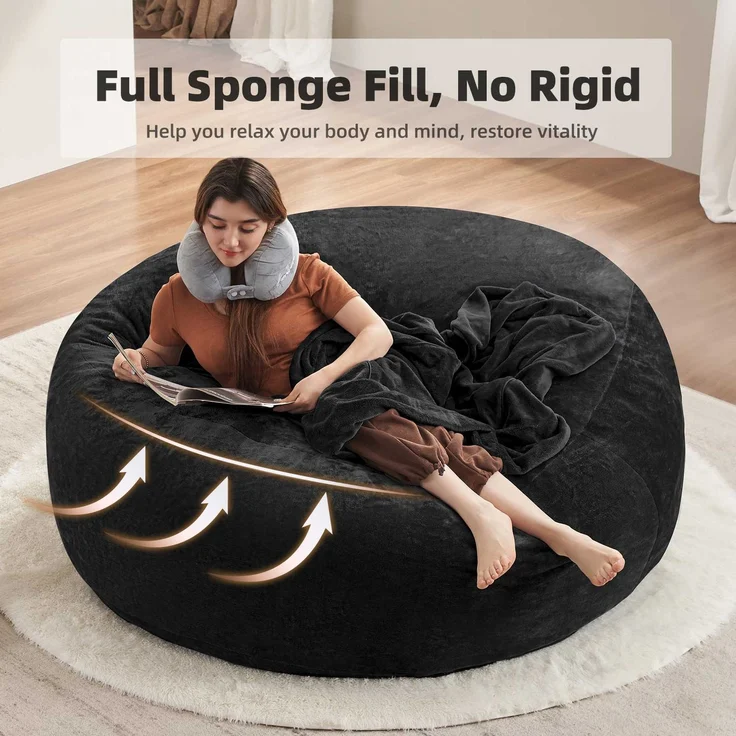 Großer runder Sitzsack 150 cm mit Velboa-Kurzplüschbezug, Memory-Schaum-Loungesitz für Wohn- und Schlafzimmer, Schwarz – Bild 5