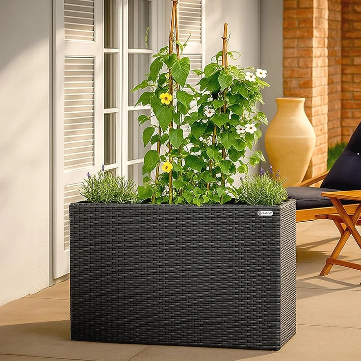 Casaria Pflanzkübel, 4 Innentöpfe Herausnehmbar Polyrattan 95x27x60cm Blumentopf Schwarz – Bild 5
