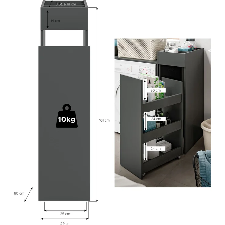 Anstellregal (B/H/T: 29x101x60 cm) in anthrazit Nachbildung – Bild 4