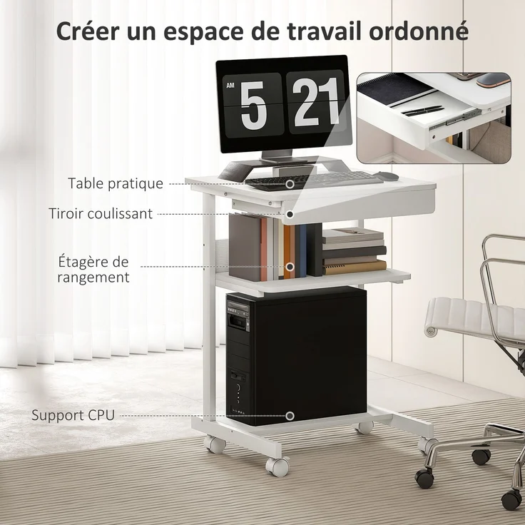 Computertisch auf Rollen, Schreibtisch mit Stauraum 56 x 51 cm mit Schublade, Fach und CPU-Halterung, weiß – Bild 6