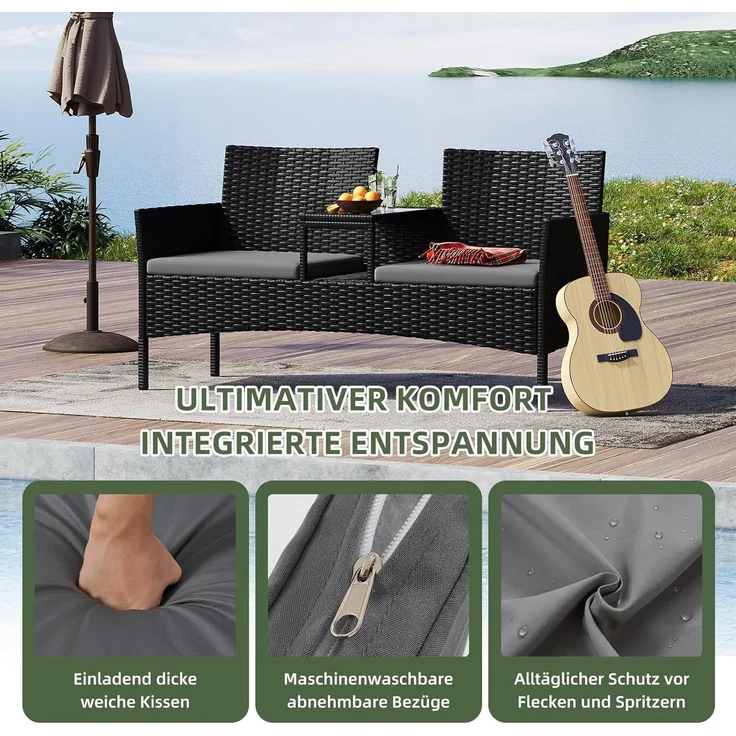 Aoxun 2-Sitzer-Gartenbank aus Rattan, extrabreite Outdoor-Zweisitzerbank mit seitlichem Ablagetisch 144x62x80cm, bequemes Terrassenmöbel-Set mit Kissen und Regenschutz für Garten, Balkon, Dunkelgrau – Bild 3