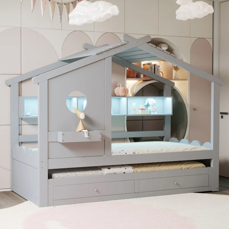 Merax Kinderbett, Jugendbett, 90x200cm, mit Ausziehbett 90x190cm, mit 2 Schubladen, mit USB- und Typ-C-Ladeanschlüssen und LED, mit Einlegeböden, Grau – Bild 6