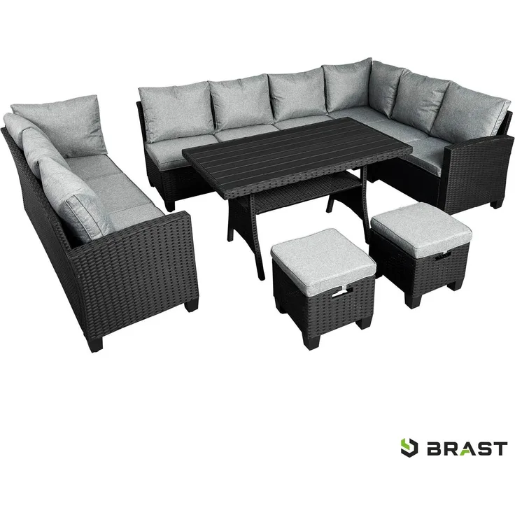 BRAST Gartenmöbel Set Family Schwarz/Grau bis zu 11 Personen inkl. extra Dicke Kissen Outdoor Loungemöbel Sitzgruppe Essgruppe Garnitur