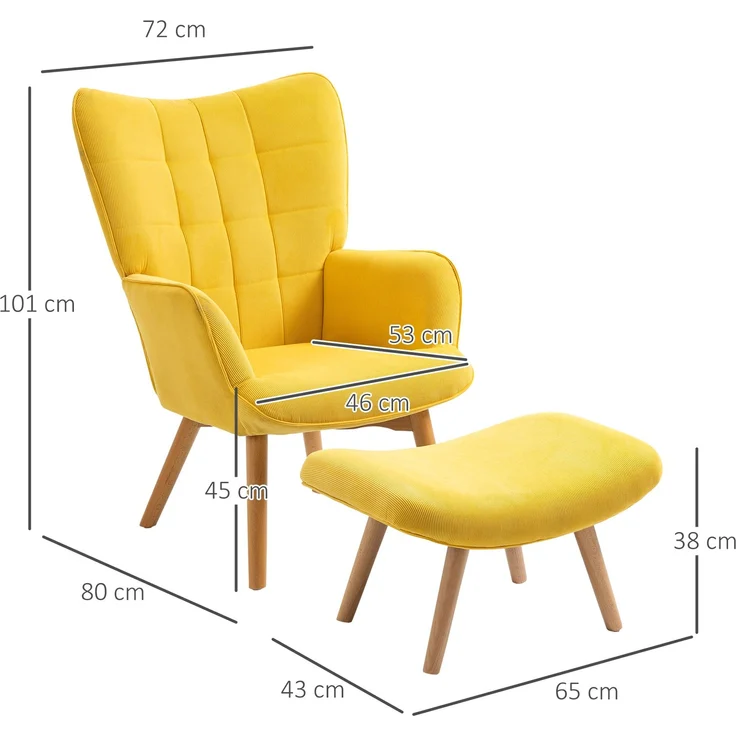 Relaxsessel Loungesessel Ohrensessel mit Hocker in Gelb, Armlehnstuhl mit Holzbeinen, Cord-Optik für gemütliches Sitzen--Gelb--72x80x101cm--YOUDENOVA – Bild 3