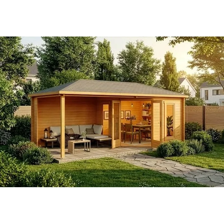 Alpholz 5-Eck Gartenhaus Liwa Gartenhaus aus Holz in Pinie Holzhaus mit 40 mm Wandstärke inklusive Terrasse Blockbohlenhaus mit Montagematerial