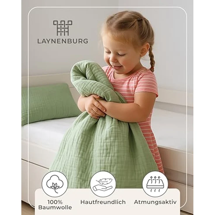 Laynenburg Kinderbettwäsche Musselin 2 teilig aus 100% Baumwolle in 100x135 cm + 40x60 cm, atmungsaktiv & bügelfrei – 3 lagig mit Reißverschluss & Haltebändern – Bild 5