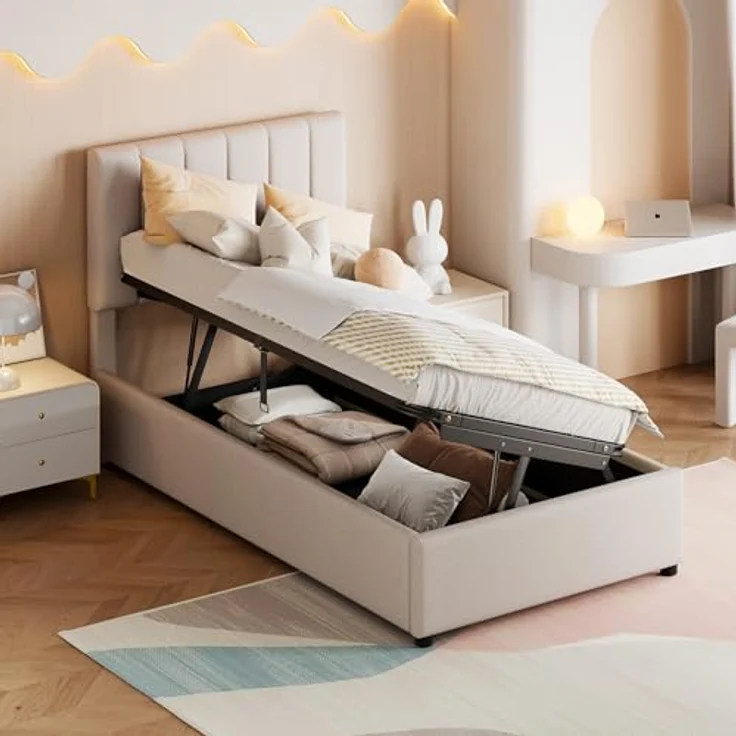 FAVSH Boxspringbett Einzelbett 90 x 200 cm - Hydraulisches Stauraumbett mit Lattenrost, Polsterbett mit Stauraum für Kinderbett Jugendbett mit Verstellbares Kopfteil, Leinen (Beige) – Bild 1