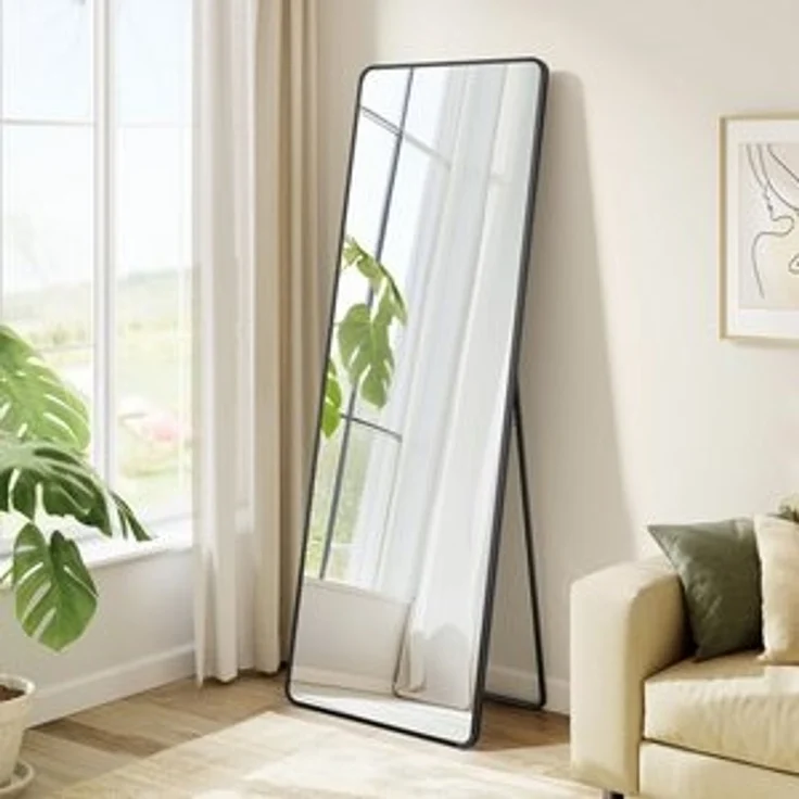 SONGMICS Ganzkörperspiegel, 150 x 40 cm, rechteckiger Standspiegel, Rahmen aus Aluminiumlegierung, Hartglas, für Schlafzimmer, Wohnzimmer, Garderobe, tintenschwarz LFMDE034B01 – Bild 6