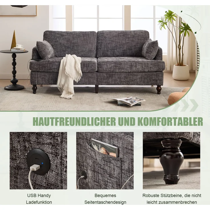 2-sitziges Chenille-Sofa mit USB-Ladeanschluss, LED-Licht und Aufbewahrungstasche in Grau – Bild 9