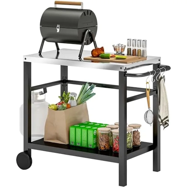 Outsunny Servierwagen mit Arbeitsfläche, Ablagen, Haken, Räder, (BBQ Grilltisch, 1 St, Grillwagen), für Garten, Terrasse, Grill, 102 x 56 x 81cm