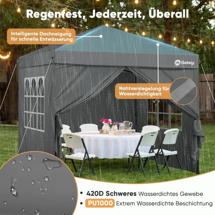 Pop Up Pavillon 3x3m mit 4 Seitenteilen, Wasserdicht Stabil Winterfest, Faltbar, Grau – Bild 6