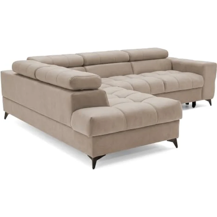 Muffo Ecksofa PUDDING L Links, Velours Beige mit Schlaffunktion 125x195 cm, verstellbaren Kopfstützen und Bettkasten – Bild 8