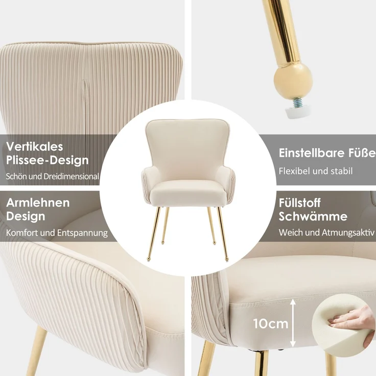 Samt Beige Esszimmerstuhl 2er Set,ergonomischer Lendenstütze, 10 cm dicker Sitzpolsterung, höhenverstellbaren Gold Metallbeinen – Bild 4