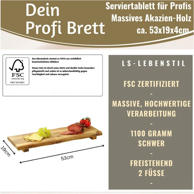 LS-LebenStil Servierbrett XL Vesperbrett 53cm Akazie Schneidebrett Serviertablett auf Füßen, Akazienholz, (FSC Zertifiziert - Standfüße Serviertablett Serviertisch Tischpodest, 1-St, Deko-Tablett Holzbrett Herd Abdeckplatte Vesperbrett Käsebrett Suhi),... – Bild 2